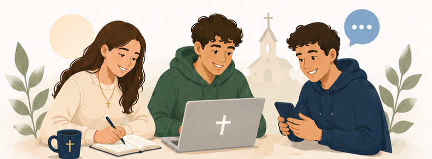 Three friends collaborating around a laptop